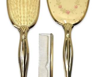 Vintage Vanity Set Hand Mirror, Brush, Comb w Floral Design