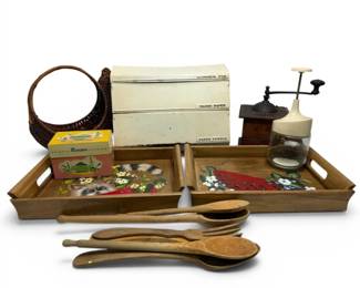 Vintage Kitchen Goods Recipe Box, Enamel Tray, Coffee Grinder, More