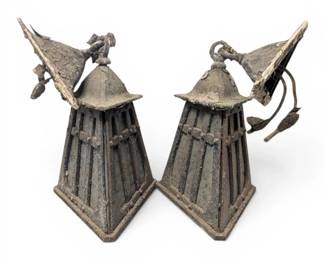 Antique Cast Iron Triangular Hanging Lights w Stained Glass Interior