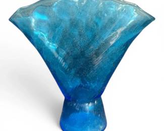 Aqua Blue Ribbed Glass Fan Vase