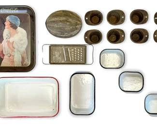 Vintage Enamelware Lidded Dishes, CocaCola Tray, More