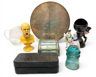 Vintage Expandable Tray, Greist Sewing Machine Attachment Set, Hemingway Glass Insulator, More