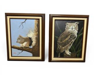 Horned Owl Squirrel Oil Paintings, Signed by Sandra Hill