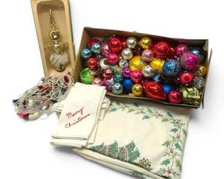 Vintage Glass Christmas Ornaments, String Lights, Table Linens, Tree Topper