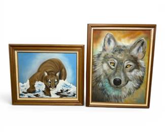 Wolf Mountain Lion Oil Paintings, Signed by Sandra Hill