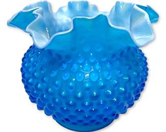 Fenton 1960s Opaque Blue Overlay Hobnail Ruffled Glass Bowl