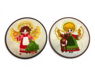 Two Small Crewel Embroidery Angels
