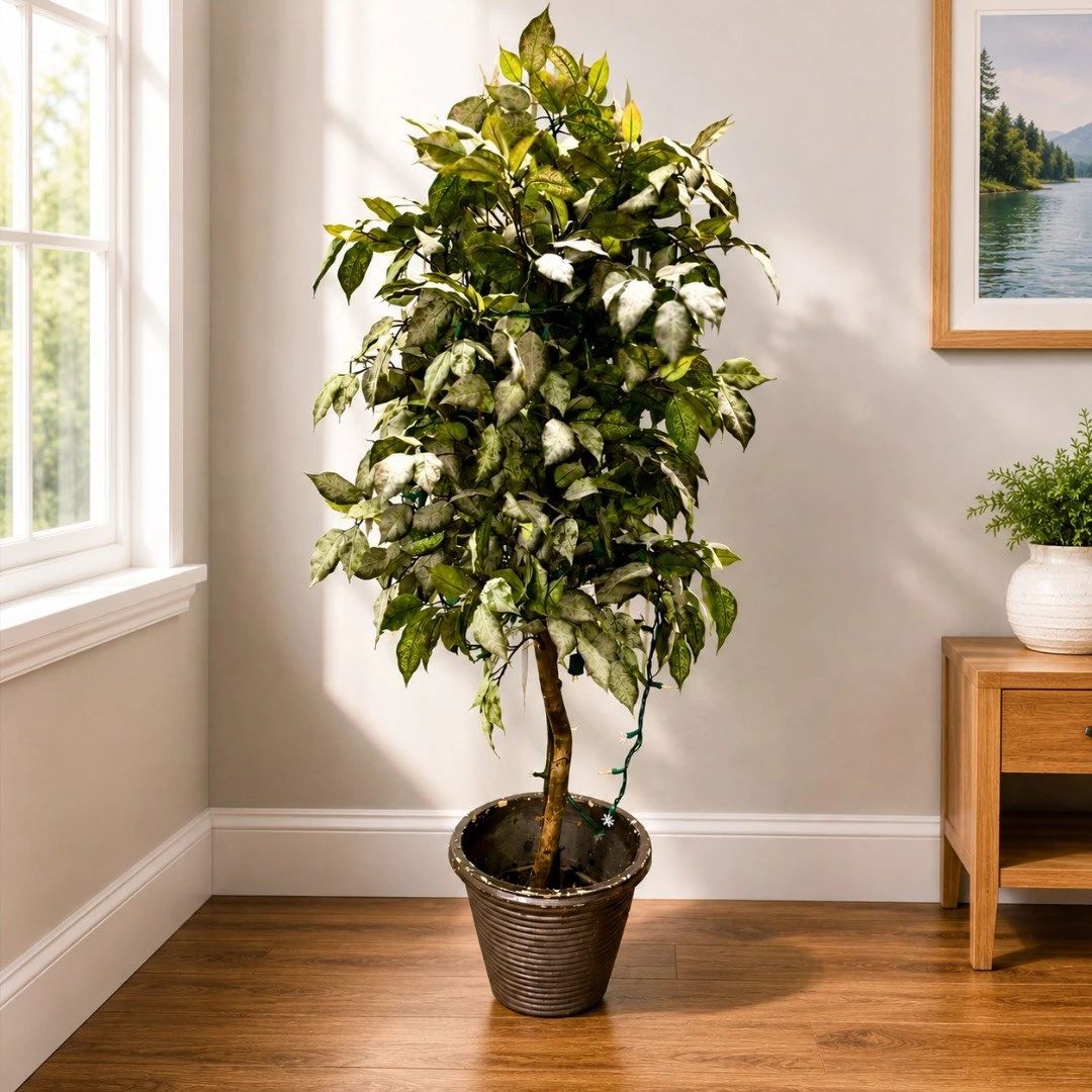Lot #1 Artificial Ficus Tree 5ft Silk Variegated Leaves Faux Indoor Plant w/ Lights
