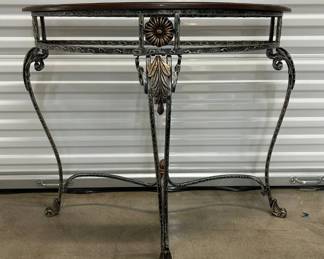 Lot #84 Ornate Wrought Iron Console Table Wood Glass Top Acanthus Leaf Floral Accent