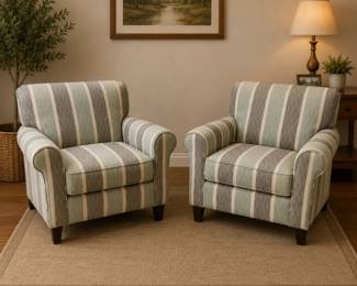 Lot #29 Pair Upholstered Club Accent Chairs Gray Blue White Stripe Herringbone Fabric