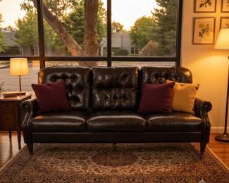 Lot #73 Vintage Mid Century Espresso Brown Vinyl Tufted 3-Seat Sofa Rolled Arms Wood Legs