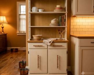 Lot #37 Vintage Faux Bamboo Baker's Rack Hutch Cabinet White Wood 2-Door 2-Drawer
