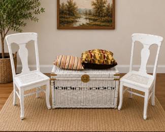 Lot #12 Vintage White Wicker Trunk Chest Brass Hardware + 2 Cane Seat Wood Chairs Lot