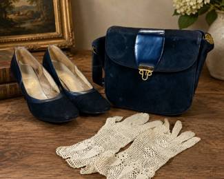 Lot #92 1930s Signature Purse Blue Suede Handbag Vintage Pumps Crochet Gloves Lot 8.5