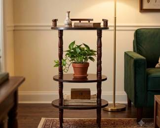 Lot #5 Antique 3-Tier Oval Mahogany Whatnot Stand Turned Spindle Legs Victorian Style