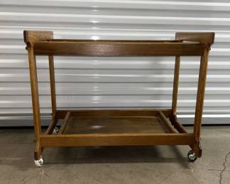 Lot #82 Mid Century Modern Oak 2-Tier Bar Cart Rolling Serving Cart on Casters 1960s