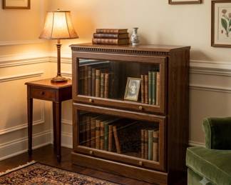 Lot #52 Barrister Bookcase Oak Veneer 2-Section Glass Door Lawyer Cabinet Dark Walnut