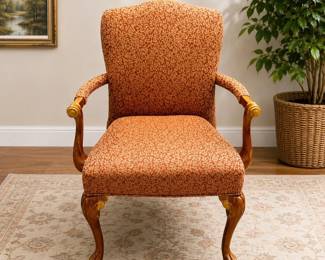 Lot #2 Queen Anne Style Carved Wood Armchair Cabriole Legs Pink Floral Upholstery