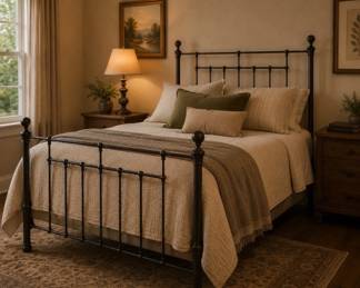 Lot #31 Antique Style Cast Iron Black Metal Headboard Footboard Twin Bed Frame Set only