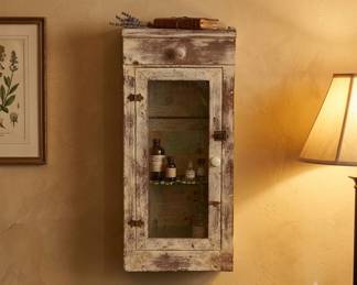 Lot #7 Rustic Farmhouse Wood Wall Cabinet Glass Door Drawer Distressed White Chippy Paint