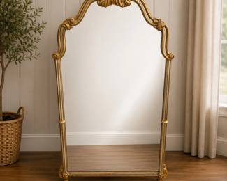 Lot #25 Vintage French Rococo Style Gilt Wood Wall Mirror Arched Carved Crest 1950s