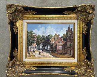 Lot #97 H. Ramirez Signed Oil on Canvas Dutch Village Street Scene Baroque Gold Frame