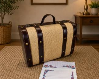 Lot #85 Vintage Burlap Steamer Trunk w/ Stationery Collection