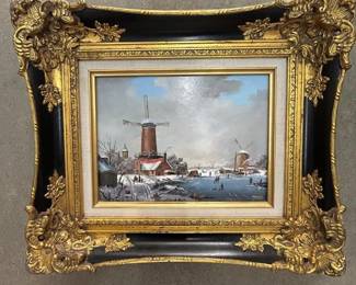 Lot #96 Henry Ramirez Oil Painting Dutch Winter Windmill Canal Scene Ornate Gold Black Frame
