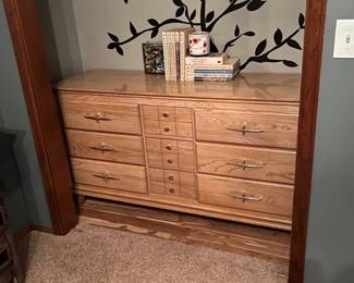 Lot #42 Mid Century Modern Oak 9-Drawer Triple Dresser Atomic Age Brass Pulls 1950s