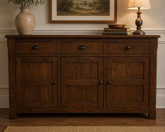 Lot #45 Mission Style Dark Oak Wood Sideboard Buffet Cabinet 3-Door 3-Drawer