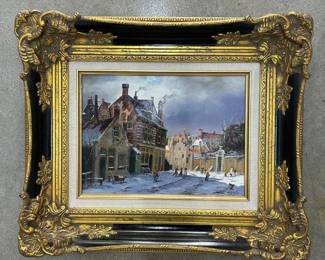 Lot #94 Henry Ramirez Oil Painting Dutch Winter Canal Scene Ornate Gold Frame