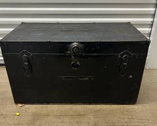 Lot #30 Antique Black Metal Steamer Trunk Flat Top Storage Chest Wood Interior c1920s