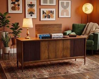 Lot #49 Mid Century Modern Walnut Console Stereo Record Player Cabinet 1960s MCM