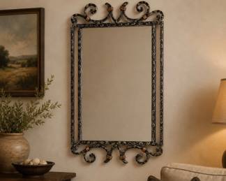 Lot #62 Vintage Wrought Iron Wall Mirror Scrollwork Copper Accents Western Gothic 36x24
