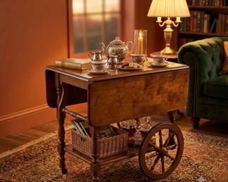 Lot #15 Vintage Maple Drop Leaf Tea Cart Trolley Wagon Wheel Turned Legs 1950s Bar Cart