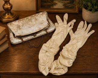 Lot #86 Vintage Silver Brocade Evening Clutch Gold Frame Chain Strap & Ivory Opera Gloves Set