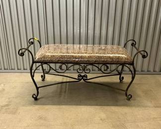 Lot #40 Wrought Iron Scroll Bench Upholstered Paisley Fabric Seat 16in H Bedroom