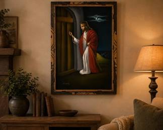 Lot #58 Signed Gomez Jesus Knocking at Door Velvet Painting Folk Art Framed