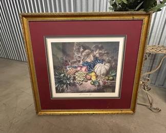 Lot #32 Framed Still Life Print Gold Frame Iron Plant Stand Faux Floral Decor Lot