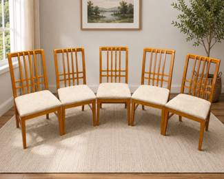 Lot #9 Set of 5 Mid Century Modern Oak Lattice Back Dining Chairs Upholstered Seats