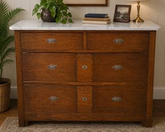 Lot #21 Antique Oak Marble Top Dresser Chest 6 Drawer Victorian Era Oval Bail Pulls