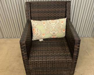 Lot #47 Brown All-Weather Wicker Resin Patio Club Chair w/ Floral Lumbar Pillow Outdoor