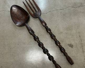 Lot #57 Vintage Hand Carved Wood Salad Serving Set Fork Spoon African Figural Handles