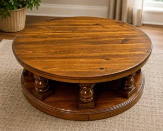Lot #13 Round Solid Pine Wood 2-Tier Coffee Table Turned Baluster Legs Rustic Western
