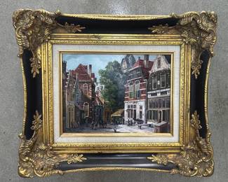 Lot #95 H. Ramirez Signed Oil Painting European Canal Street Scene Ornate Gold Frame
