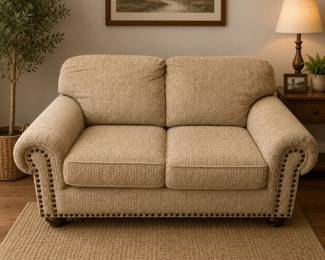 Lot #28 Traditional Loveseat Tan Beige Striped Chenille Fabric Nailhead Trim Rolled Arms