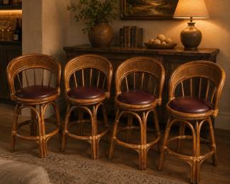 Lot #83 Set of 4 Vintage Rattan Bamboo Swivel Bar Stools Burgundy Vinyl Seats 1970s