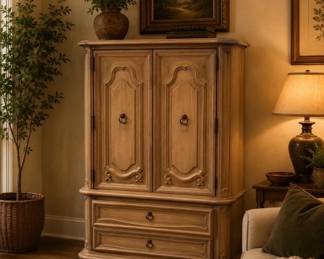 Lot #38 French Provincial Whitewash Wood Armoire Wardrobe Cabinet 2 Doors 4 Drawers