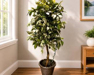 Lot #1 Artificial Ficus Tree 5ft Silk Variegated Leaves Faux Indoor Plant w/ Lights