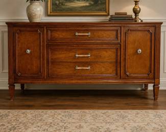 Lot #43 Vintage Walnut Credenza Sideboard Buffet 3-Drawer 2-Door French Provincial